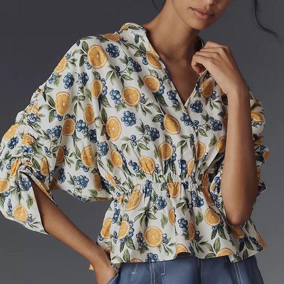 Anthropologie Maeve Short Sleeve Ruched Peplum Lemon Blueberry Print Blouse